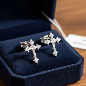 Moissanite 925 Sterling Silver Cross Stud Earrings Diamond Accent Religious Gift